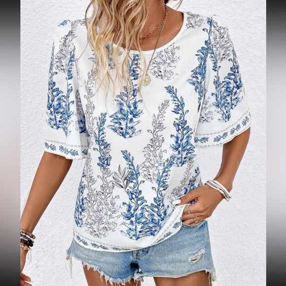 Boho Tropical Floral Print Puff Sleeve Top Blouse Shirt - Picture 7 of 7